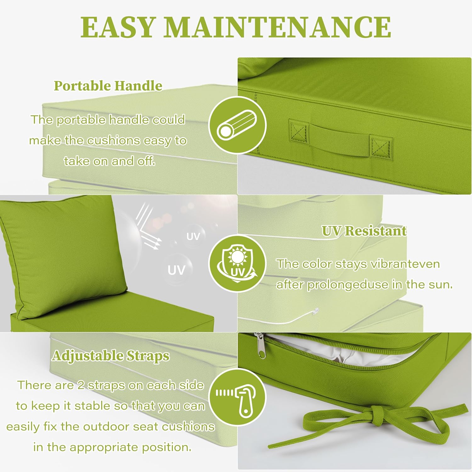 Outdoor Seat Cushion Set 24 L × 24 W × 5 H Inch Waterproof & Fade Resistant Patio Furniture Cushions with Removable Cover with Handle and Straps for Sofa Chairs, Chairs, Grass Green