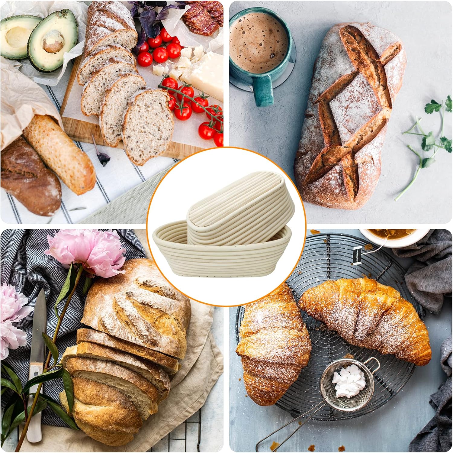 2 Packs 10 inch Oval Shaped Banneton Proofing Basket Set,YEESON Sourdough Bread Proofing Basket Baking Dough Bowl with Cloth Liner for Home Bakers