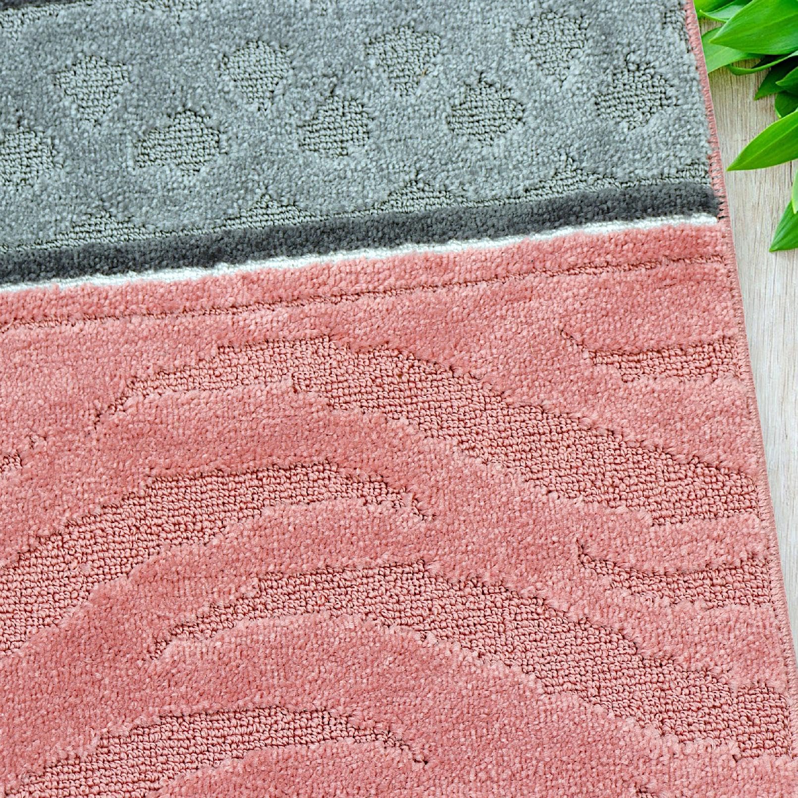 Badteppich Set 3-TLG. Rosa & Grau – rutschfest & Weich, Badematte für Badezimmer Teppich 50x80 cm & 50x40 cm - Ideal für Fußbodenheizung