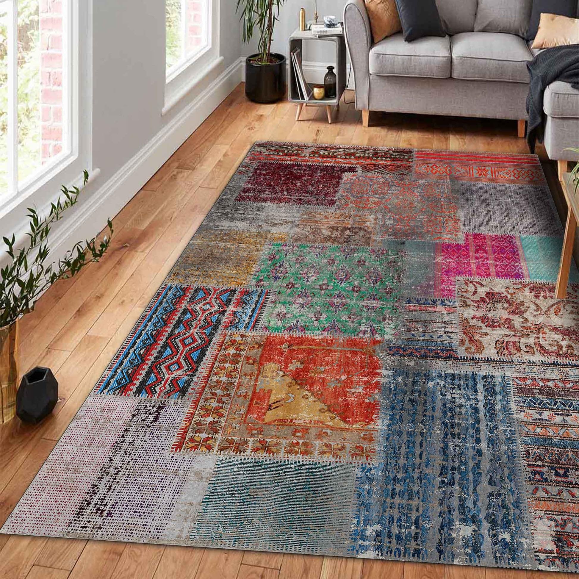 bamyum Trunk Waschbarer Teppich Wohnzimmer Bedruckter Teppich, Chenille-Druck Maschinell Hergestellt 120 x 180 cm, Vintage Schlafzimmer, Antibakteriell Antirutschunterlage Küchenteppich Grün