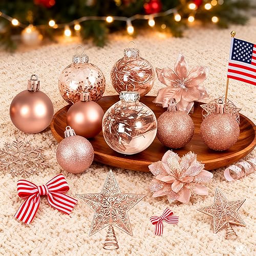 Miniatura 2 de Juego de 76 piezas de decoración para árbol de Navidad, adornos colgantes de oro rosa con bolas de plástico inastillables a granel, flores de pascua