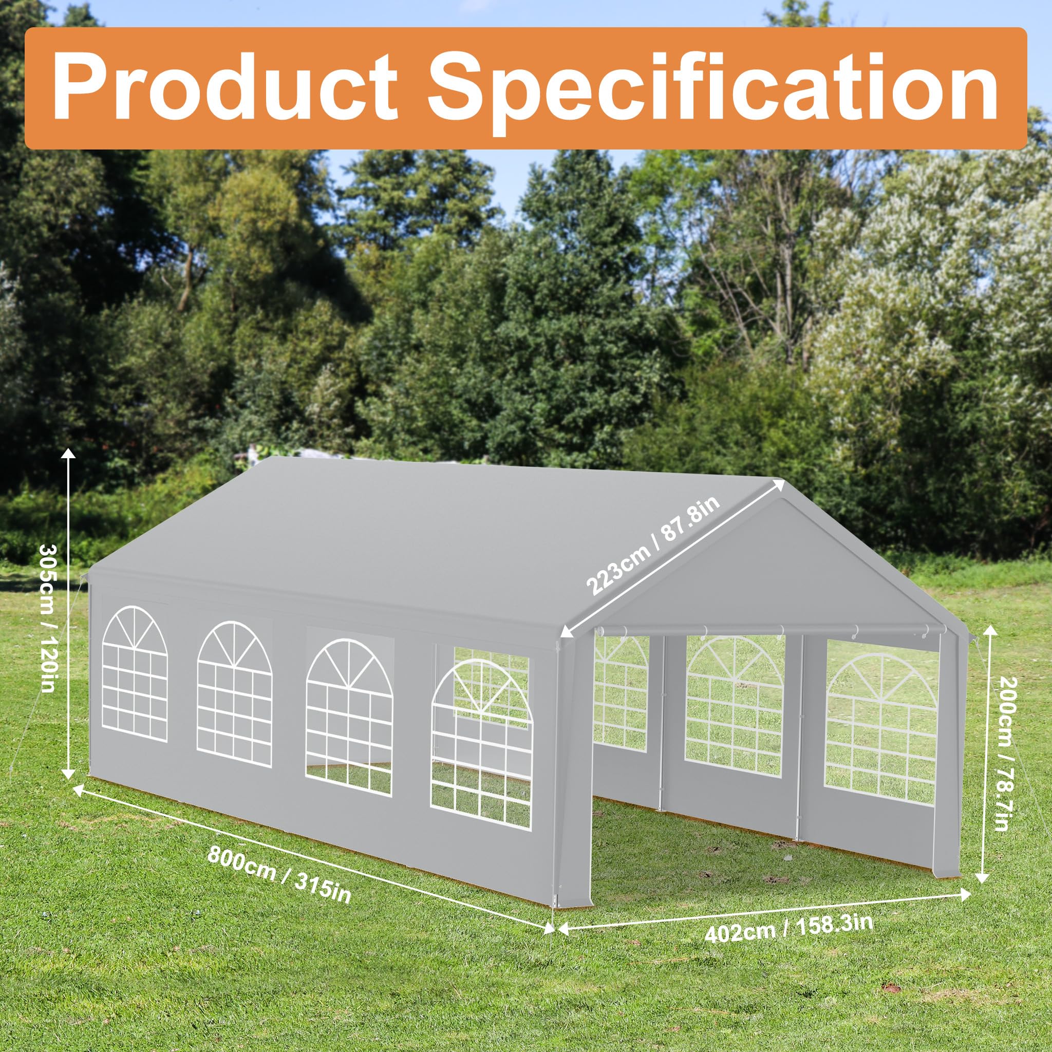 NAIZY Partyzelt 4x8 m Pavillon mit Wasserdicht Dach & Abnehmbaren Seitenwänden Gartenpavillon Stabil Winterfest Gartenzelt aus PE-Gewebe & Metall Rohr Familienzelt, Grau