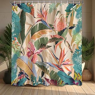 Tropical Shower Curtain Colorful Palm Leaf Shower Curtains for Bathroom Decor, Waterproof Fabric Set with Hooks, 70 x72 Inches