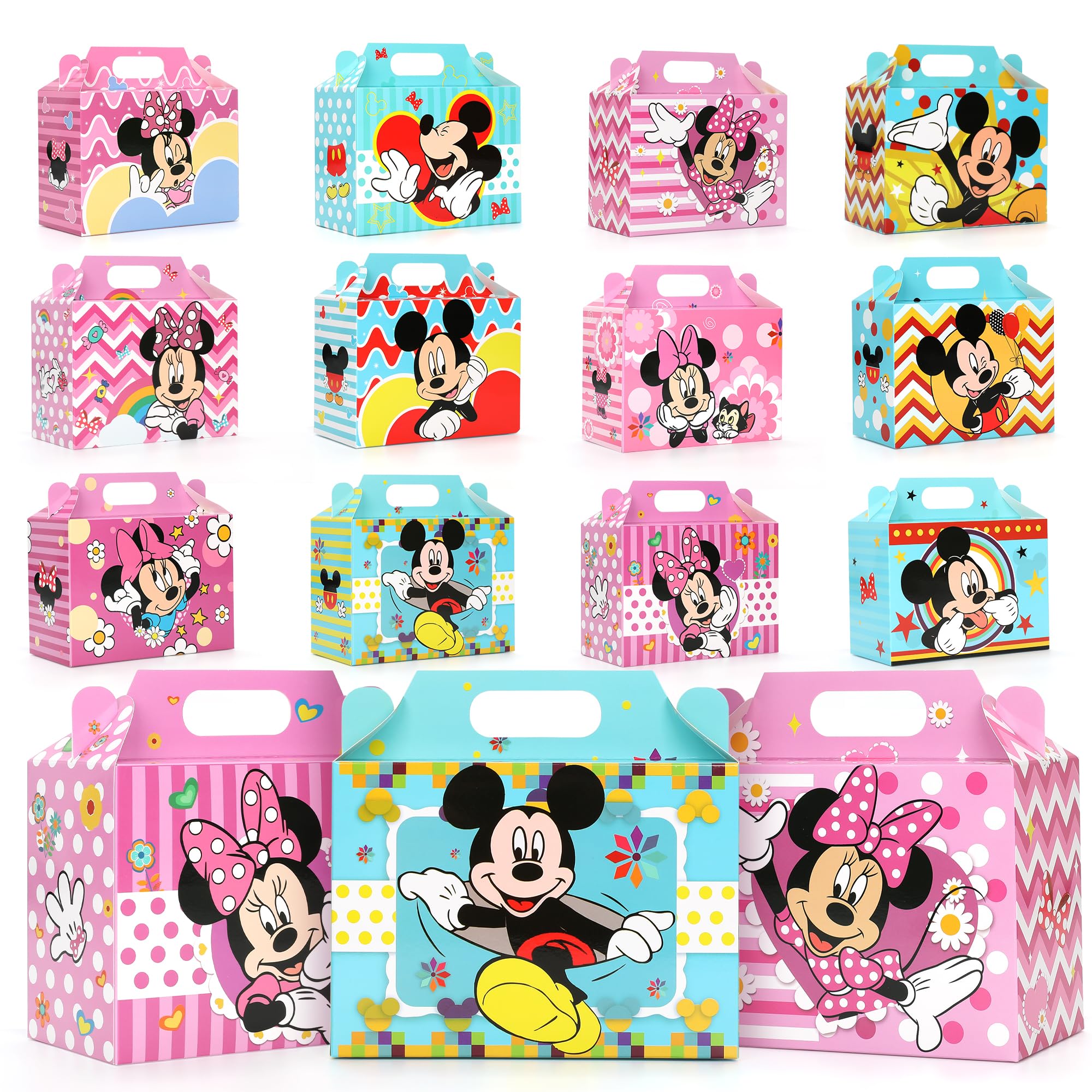 Latwerd 24 Pack Mouse Party Favor Boxes - 12 Cute Designs Paper Gift Boxes with Handles, Reusable Kraft Candy Tote Box for Birthday Parties,Graduations & Holiday Events