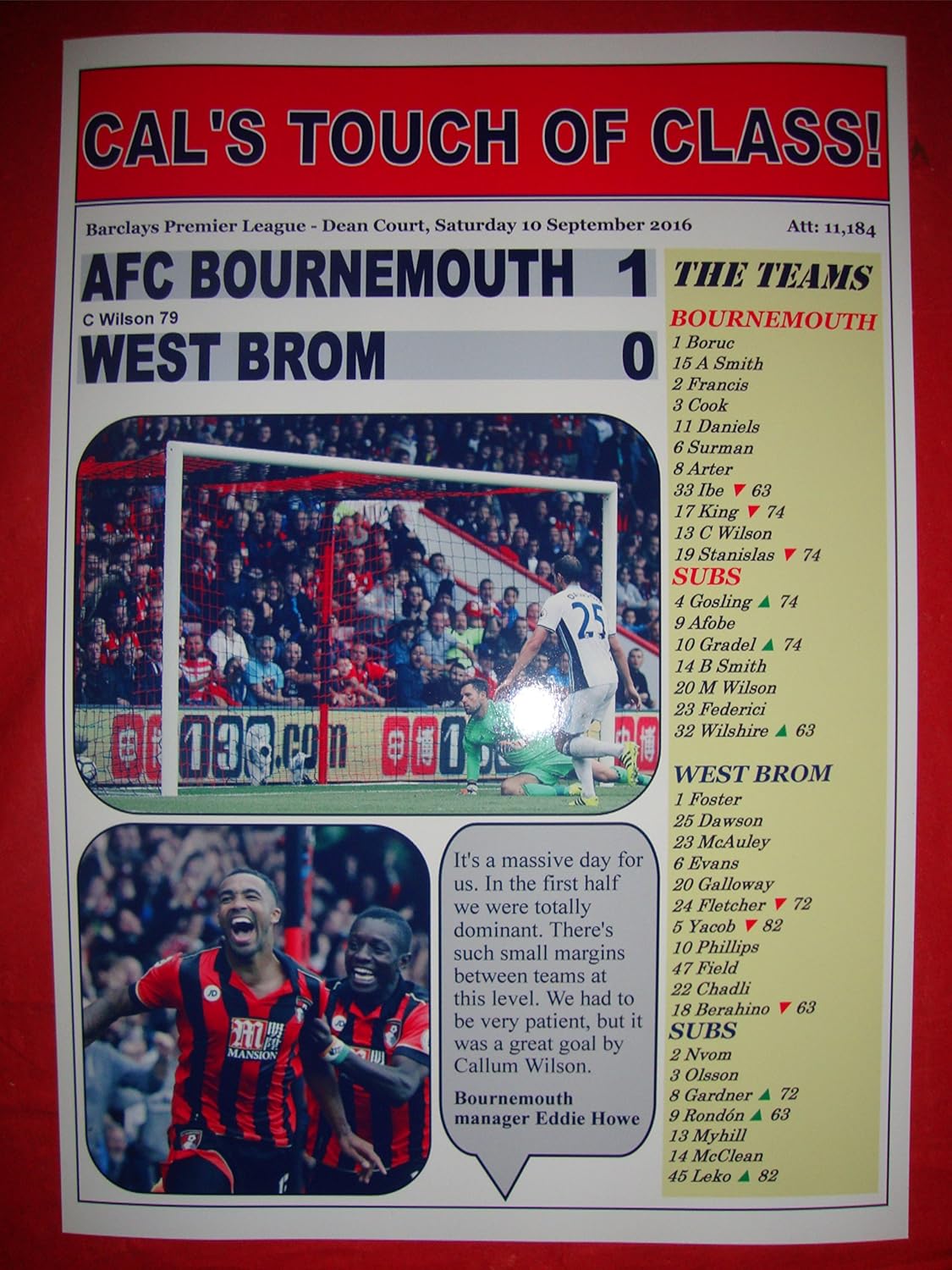 Lilywhite Multimedia AFC Bournemouth 1 West Bromwich Albion 0 - 2016 - souvenir print