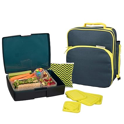 Bentology Lunch Bag and Box Set for Boys, 9 Pieces Total - Kids Insulated Lunchbox Tote, Bento Box, 5 Containers and Ice Pack - Midnight