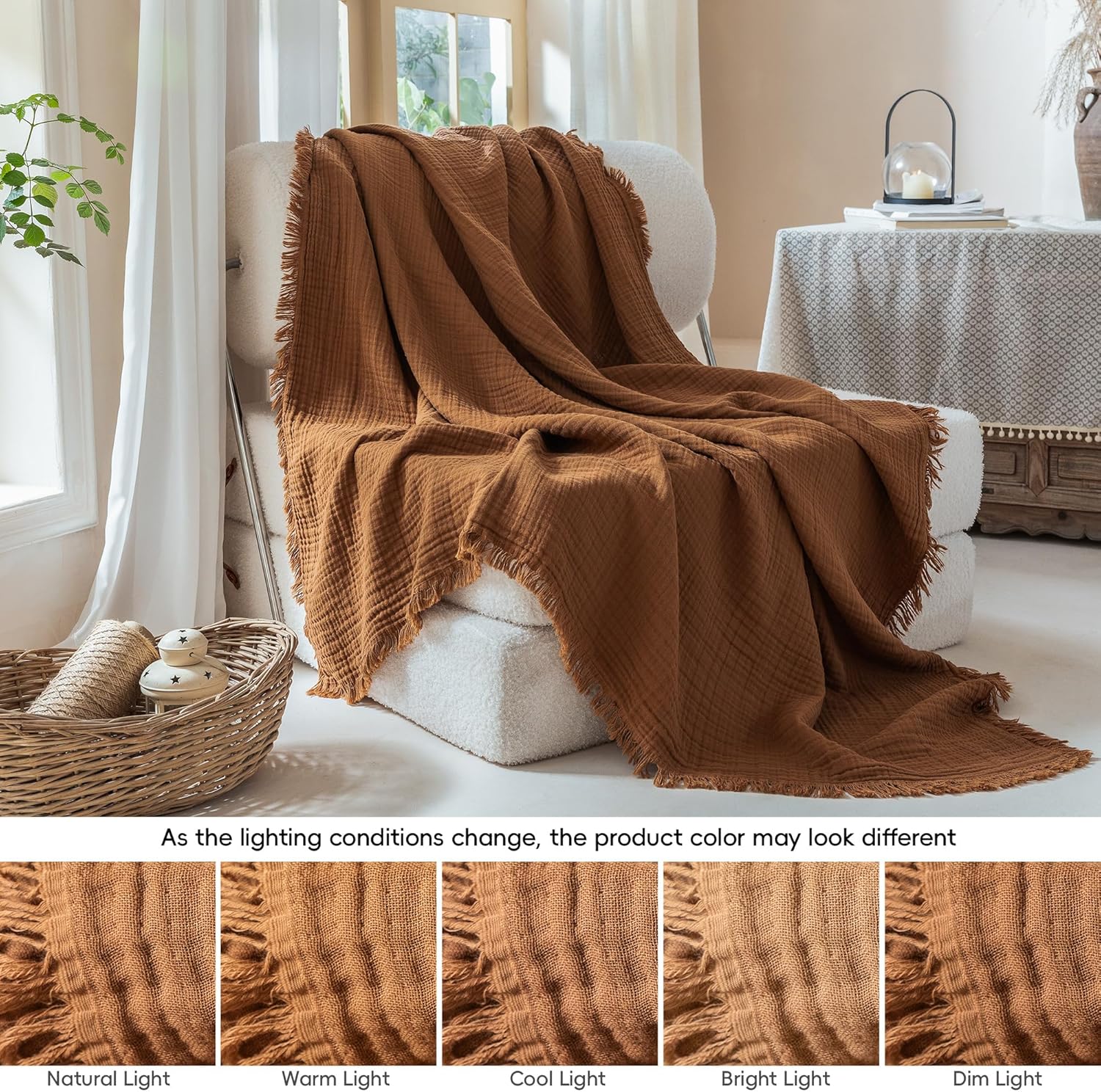 Muslin Fringe Blanket for Adults 100% Cotton 4-Layer Gauze Cloud Soft Breathable Lightweight All Season Throw Blanket for Bed Couch Sofa Office (Dark Orange, Throw 50" × 60")