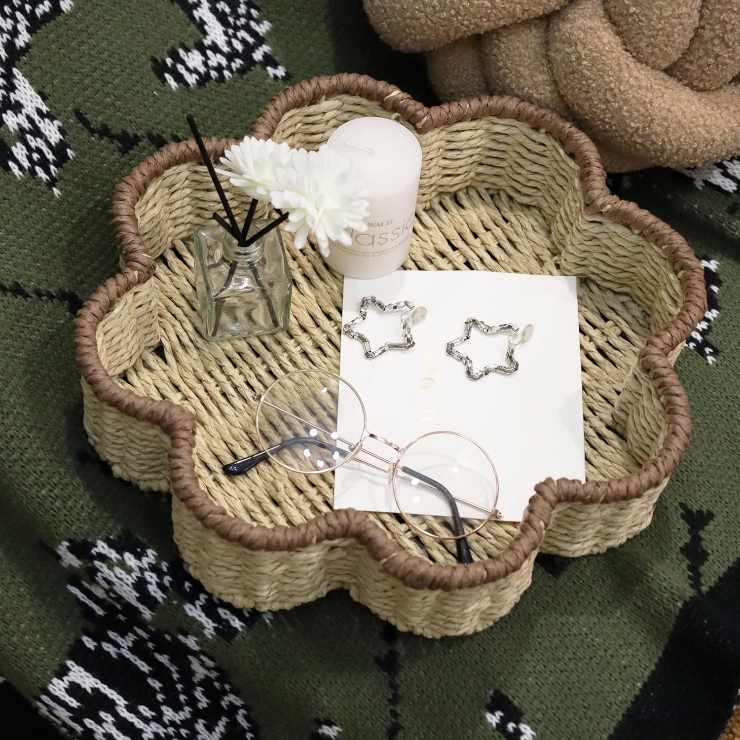 GYASVWU Paper Rope Scalloped Tray, Wicker Trays for Decor, Shallow Baskets for Storage, Rattan Tray for Coffee Table/Living Room/Bedroom Organization (Beige+Brown) - Image 6