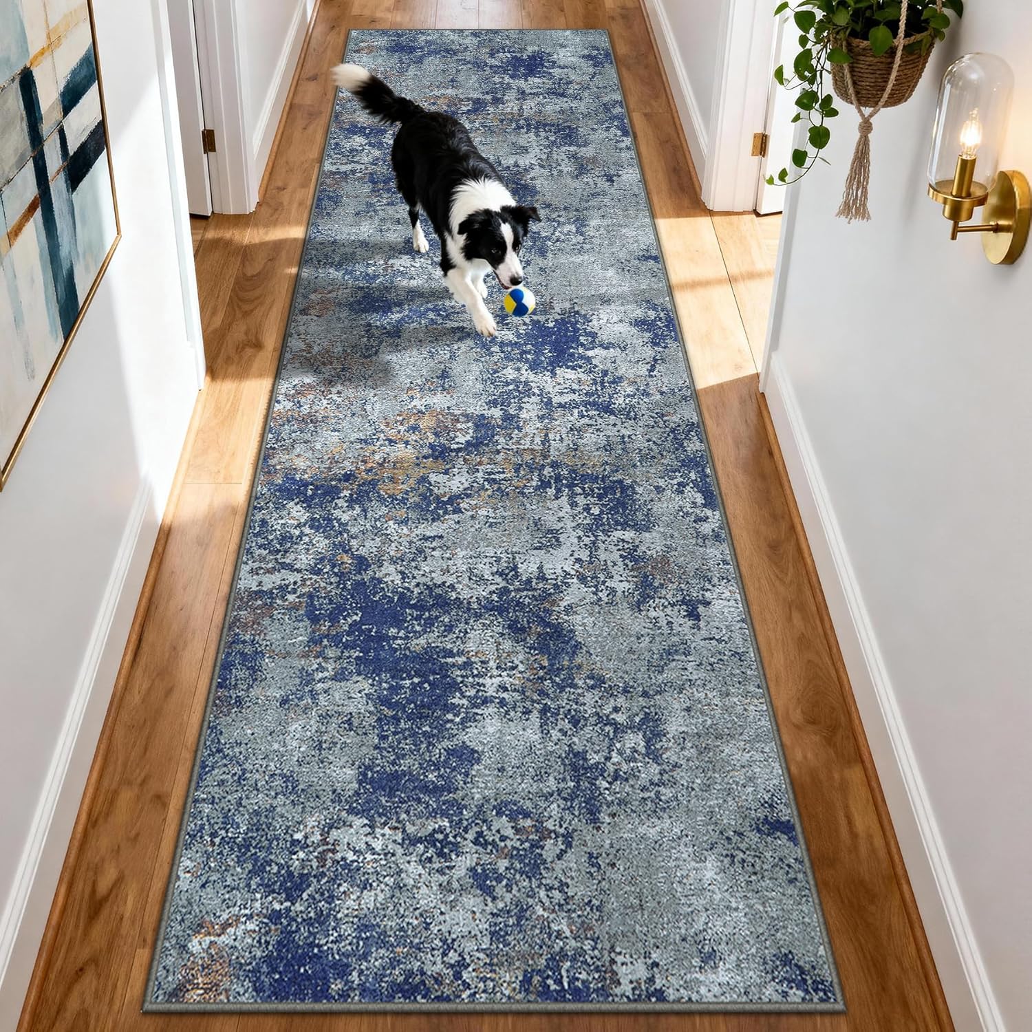 runner rug 2'6''x8' washable rugs: machine washable hallway runner rug with non slip backing non shedding abstract stain resistant carpet for kitchen entryway laundry bedroom - blue 2'6" x 8' (rectangular) blue