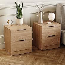 Vida Designs Trega 2 Drawer Bedside Cabinets Set of 2 Pine - Compact Space-Saving Nightstands - 41H x 39W x 28D cm - Engineered Wood - Glide Drawers, Black Handles - Ideal for Bedroom & Guest Room