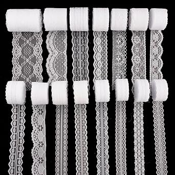 LITCHI 150 Yards White Lace Ribbon Roll, 15 Patterns, Each 10 Yards, Perfect for Sewing, Baby Shower, Birthday, Bridal Shower, Wedding Decoration, Gift Packaging, Party Decorations