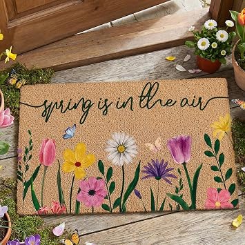 Duraaamo Spring is in the Air Coir Doormat Outdoor Spring Floral Welcome Mat Outdoor Door Mat Flower Non Slip Floor Doormat for Indoor Entrance Front Porch Decor, 24 x 16 Inch