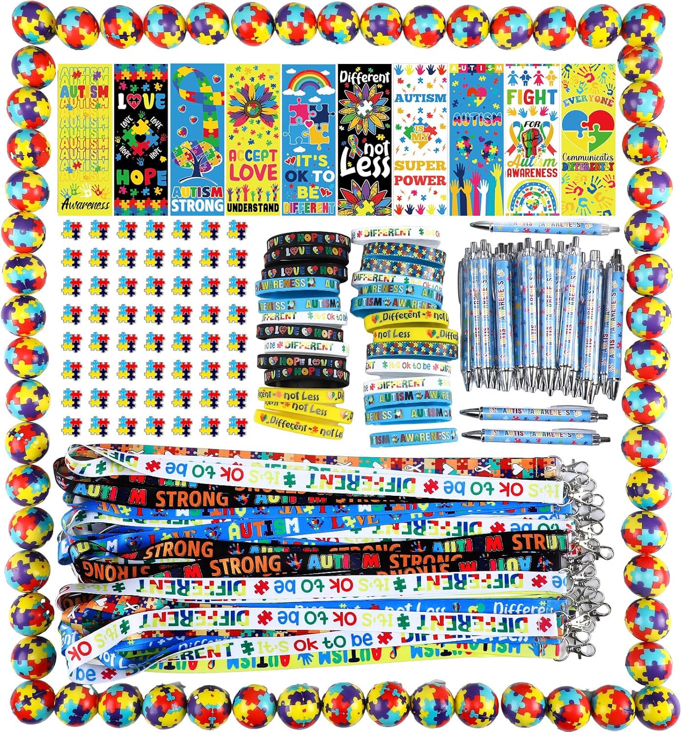 360 Pcs Autism Awareness Accessories Set Puzzle Piece Silicone Bracelets Pins Lanyards Pens Bookmarks Stress Balls for Autistic Pride Day School Party Charity Fundraisers Gifts Supplies