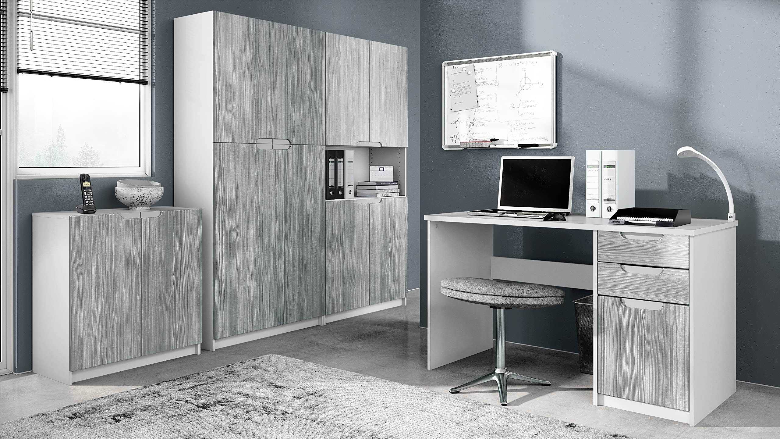 Meubles Bureau Vladon Série Logan - Bureau + Armoires + Commode - Blanc Mat/Blanc Brillant