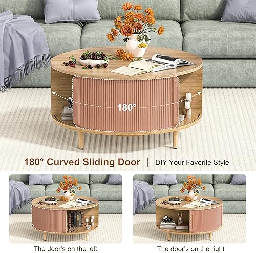 Miniatura 6 de Mesa auxiliar redonda, mesa central acanalada de 31.5 pulgadas con almacenamiento, mesa de centro elevable con almohadillas ajustables, puerta