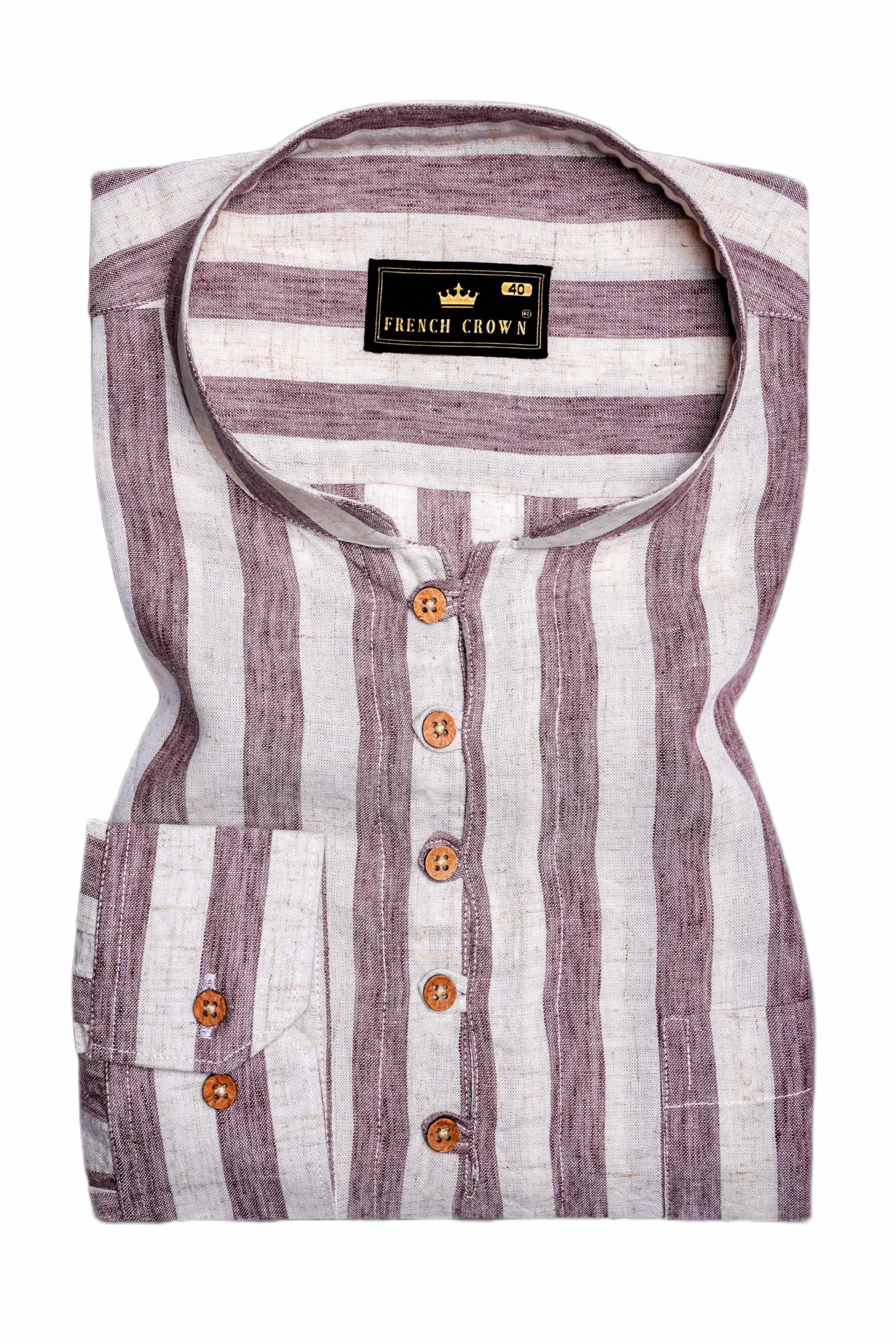 Men's MerlotLoom-Bazaar Maroon and Porcelain White Striped Premium Luxuries Linen Casual Kurta Shirt (Size)-image-32