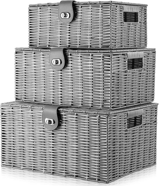 Unibos | Woven Wicker Hamper Basket | Comes with Lid & Lock | Decorative Storage Box | Resin Shelf Storage Baskets | for Organizing Toys, Clothes, Office etc | Insert Handles | Set of 3 |