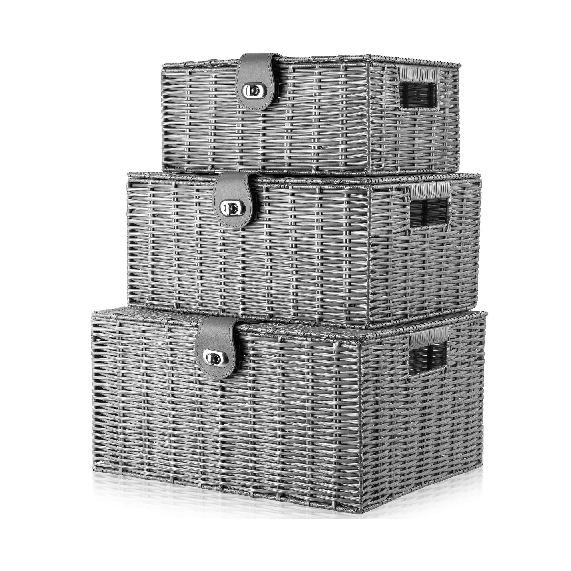 Unibos | Woven Wicker Hamper Basket | Comes with Lid & Lock | Decorative Storage Box | Resin Shelf Storage Baskets | for Organizing Toys, Clothes, Office etc | Insert Handles | Set of 3 | ๐๐ฅ๐๐ฌ