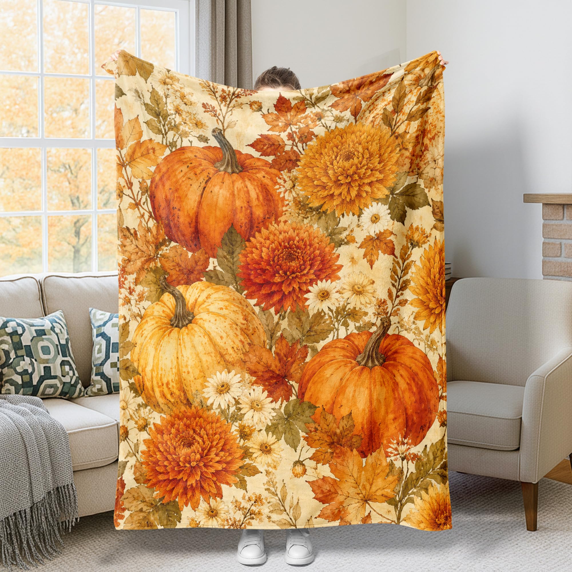 Couverture en peluche orange 152x203cm, jeté de lit automne rustique pour salon
