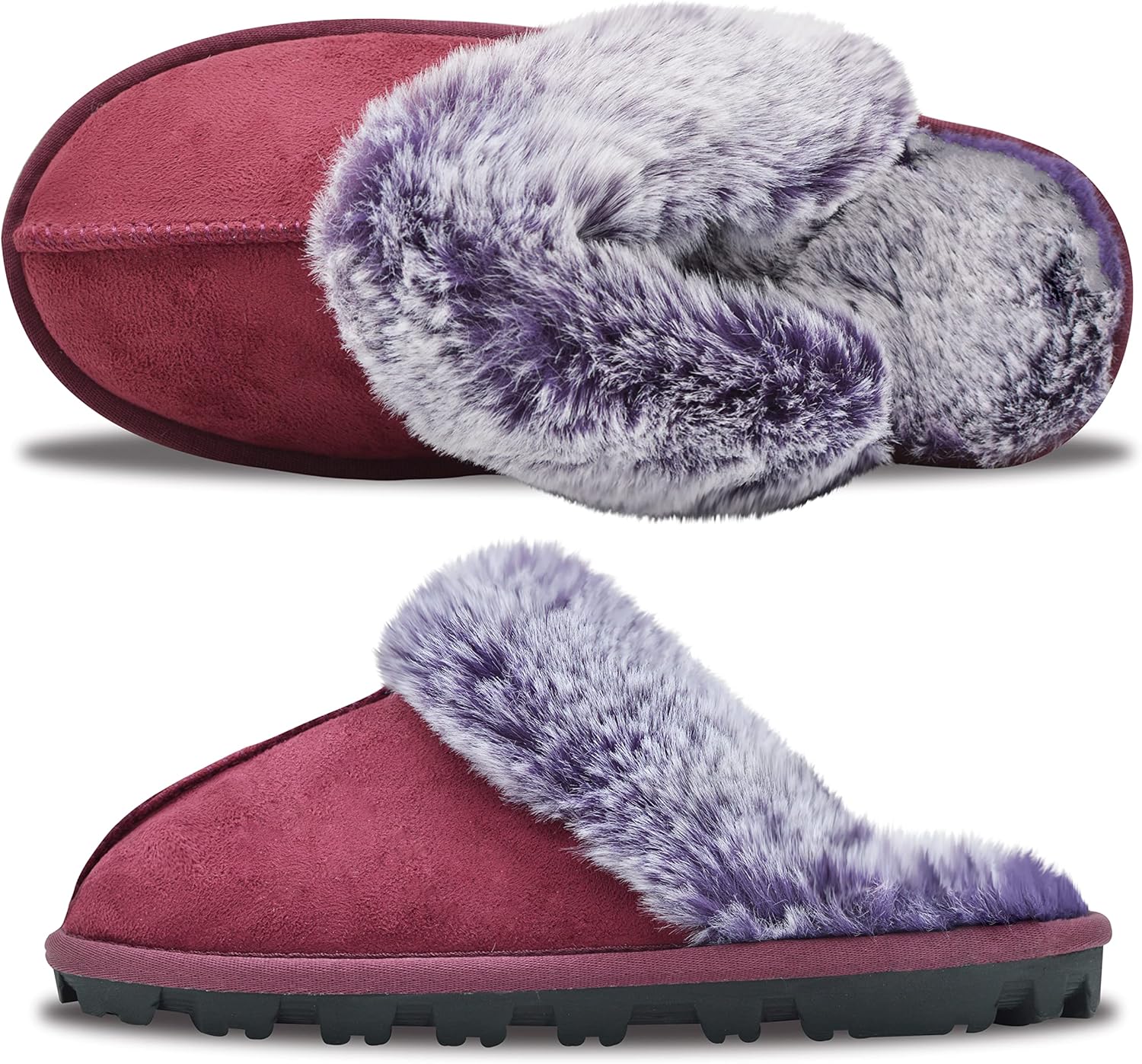 Womens Fuzzy Plush Slippers Outdoor Indoor Faux Fur House Shoes Anti-slip Rubber Sole
