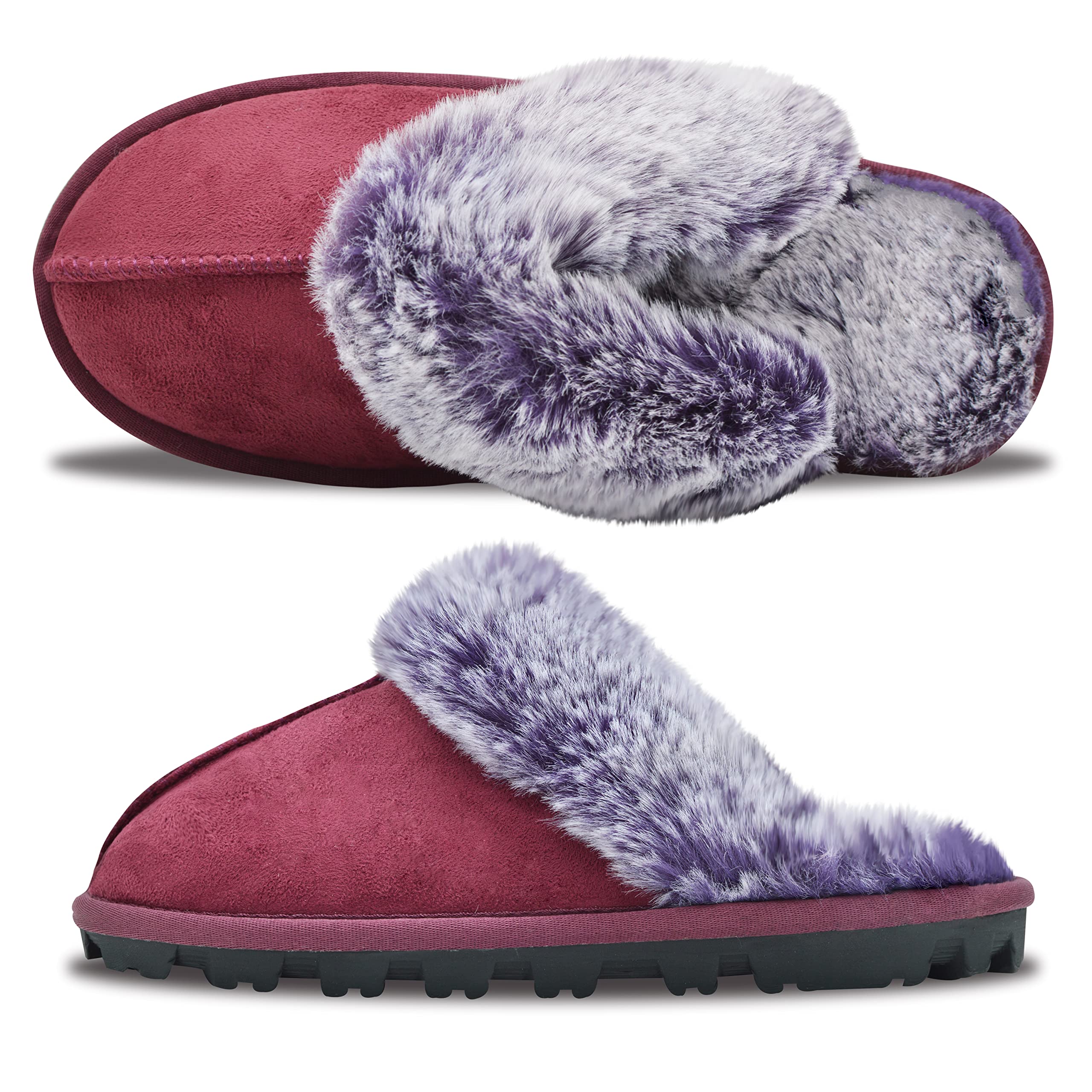 EZSURF Womens Fuzzy Plush Slippers Outdoor Indoor Faux Fur House Shoes Anti-slip Rubber Sole