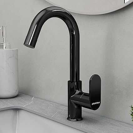 Plantex Pure Brass ORN-212 Kitchen Sink Cock (High Arch 360 Degree Swivel Spout)/ Bathroom Basin Tap with Teflon Tape (Black Glossy Finish)