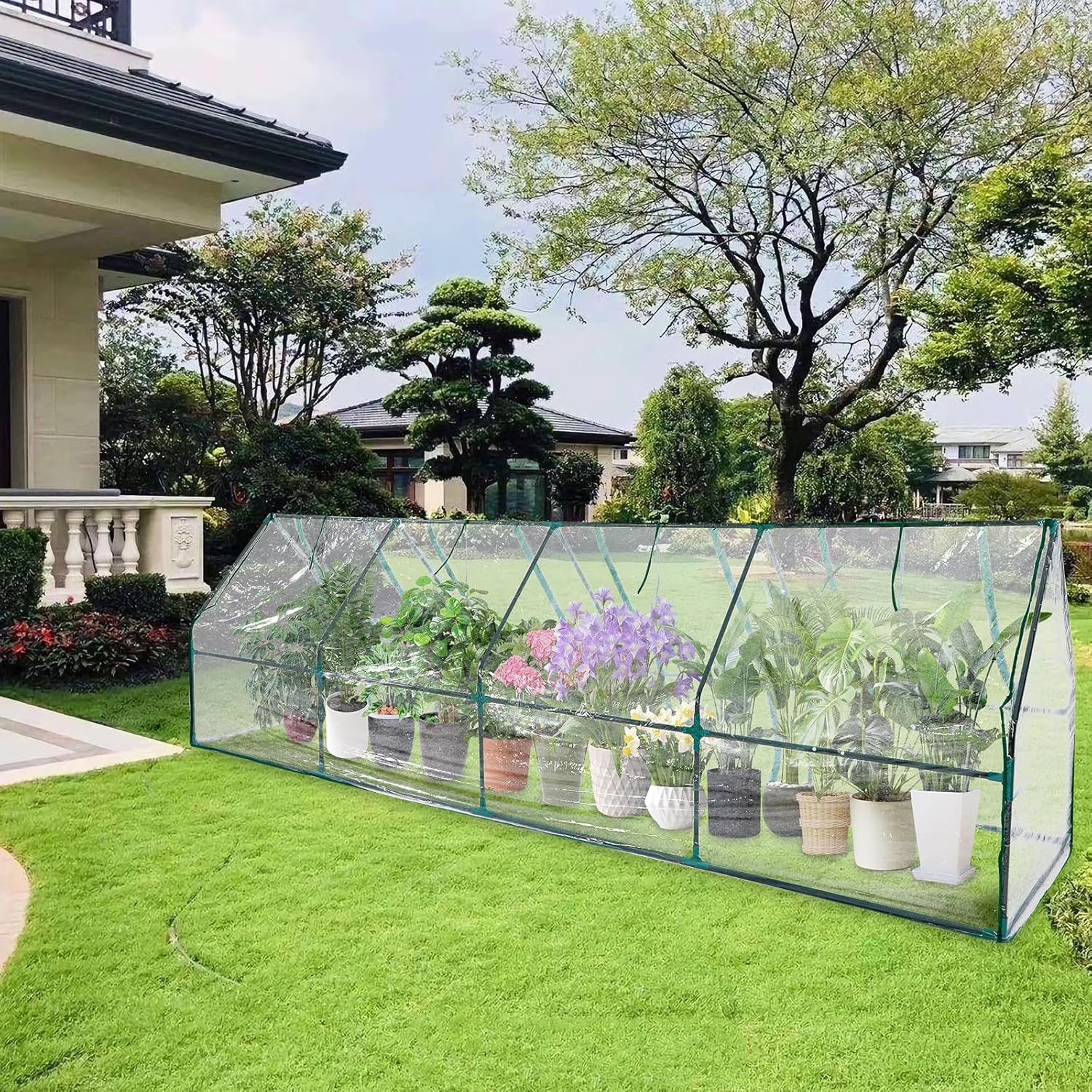 Mini Greenhouse for Outdoor 12'x3'x3' Portable Tunnel Greenhouses with Roll up Zipper Door for Protecting Plant, 4 Grid Heavy Duty Cover Tent, UV Waterproof Cover, Steel Clear Frame