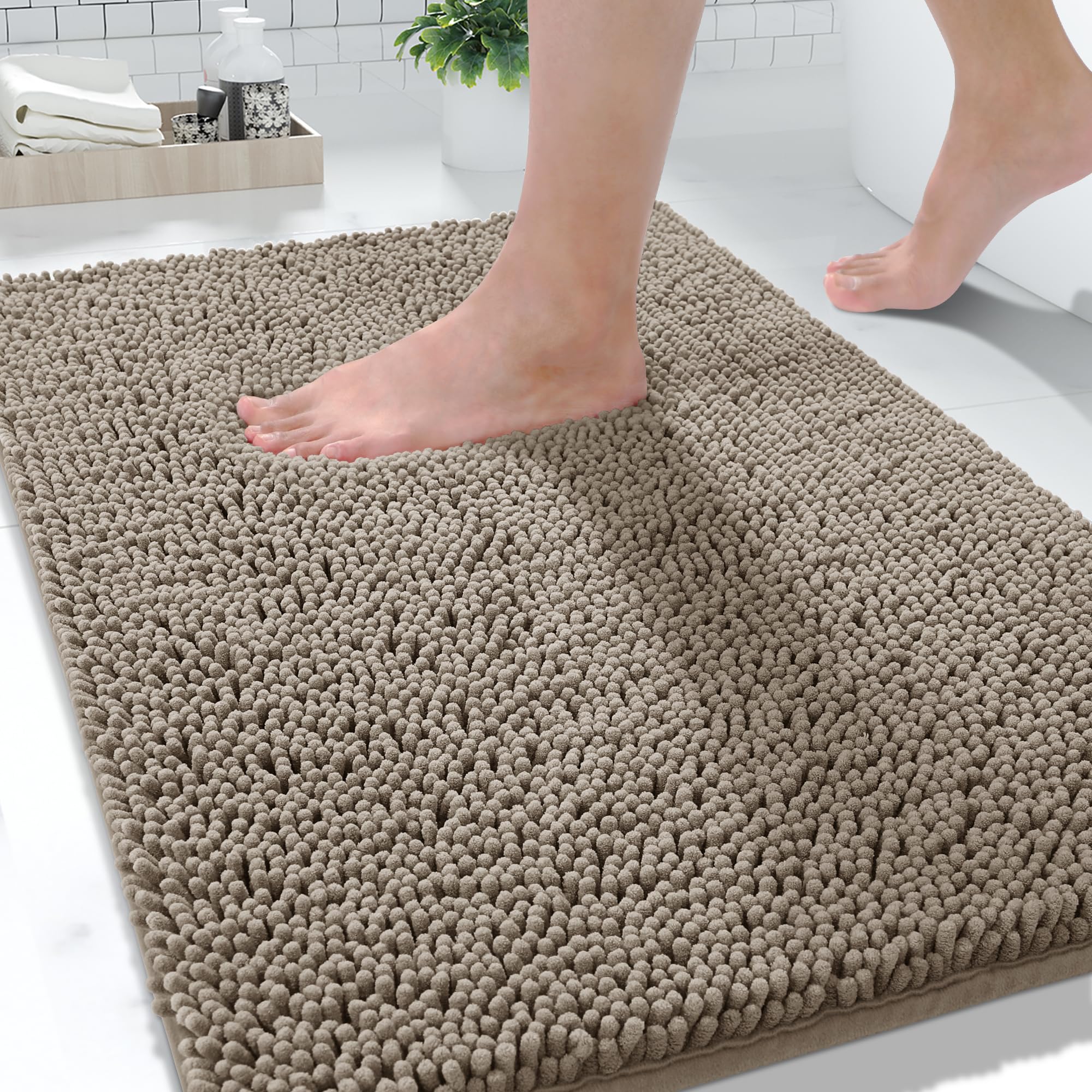 Yimobra Large Bathroom Rugs 36"x24", Non Slip Bath Mat for Tub, Shaggy Rug Floor Carpet, Extra Soft Super Absorbent Quick Dry, Machine Washable,Camel