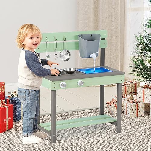 Miniatura 2 de Cocina de madera para niños, cocina de barro al aire libre con juego de agua y juguetes de cocina, juego en el patio trasero para niños de más de 3