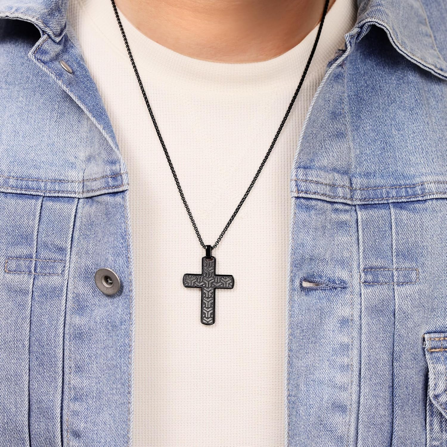 Metro Jewelry Contemporary Pattern Cross Pendant Necklace for Men in Stainless Steel with Black Ion Plating on 24 Inches Long Box Chain - Image 2