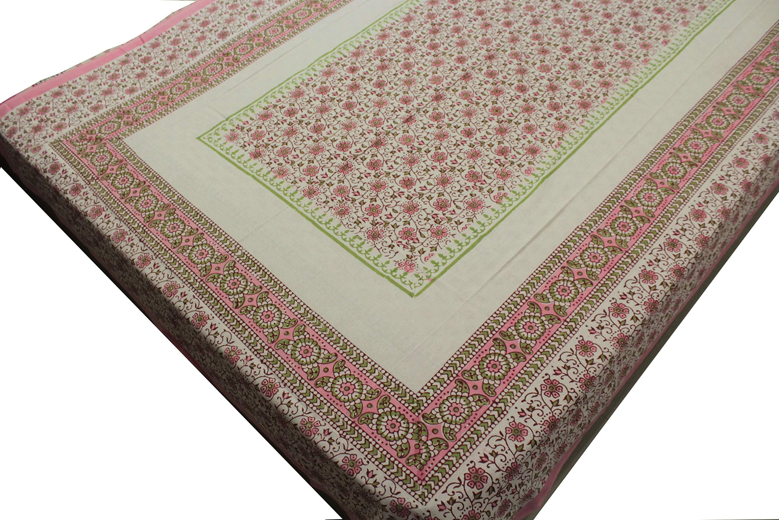 IndieHome Indian Cotton Rectangular Tablecloths Napkins Set Floral Block Print Tapestry Pink Table Cover