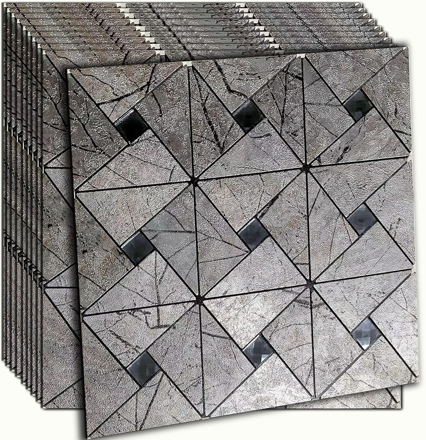 XUANINY 5-Sheet Peel and Stick Metal Backsplash Tiles, Self Adhesive Triangle Multicolor Aluminum Mosaic 3D Wall Sticker for Living Room Bedroom Decor (5 Sheets, Silver)