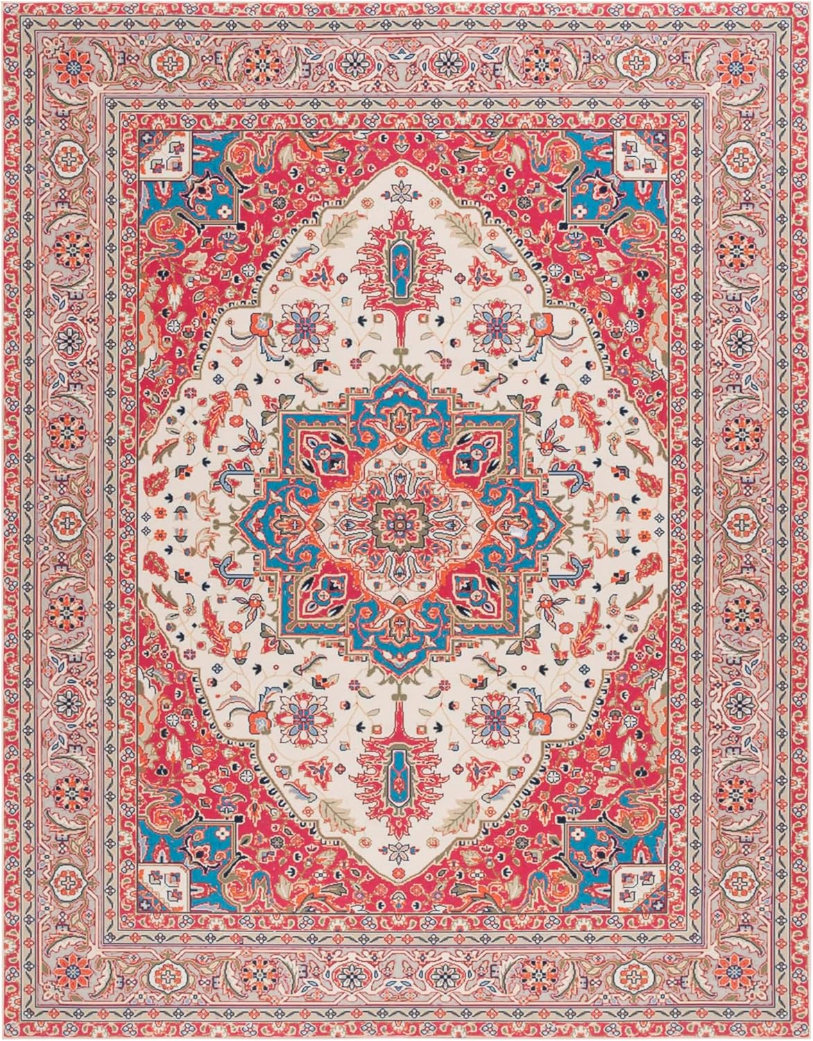 SAFAVIEH Washable Rug Tucson Collection - 9' x 12', Red & Beige, Slip Resistant & Easy to Clean, Ideal for Living Room, Bedroom, Dining Space (TSN107Q)