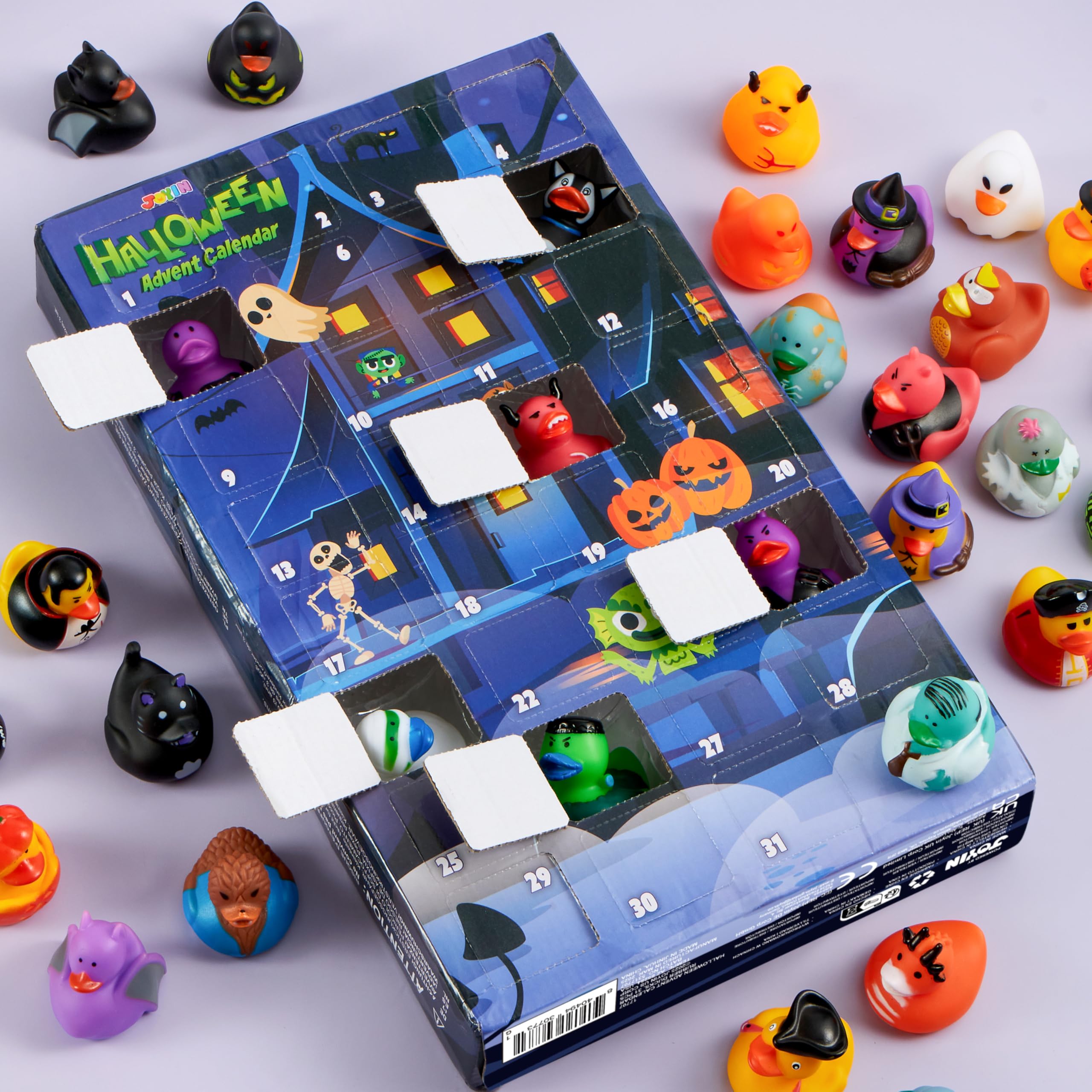 JOYIN Calendario de Adviento de pato de goma de Halloween 2025 con juguete sorpresa, calendarios de cuenta regresiva de Halloween con 31 patos de goma para niños, adolescentes, suministros de regalo