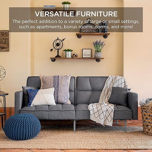 Miniatura 8 de Best Choice Products Sofá futón convertible de tela de lino con respaldo dividido para sala de estar, apartamento, habitación adicional, invitados