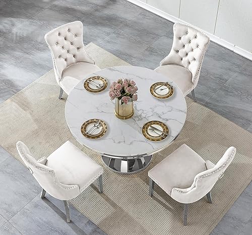 Miniatura 3 de Juego de 4 mesas de comedor redondas de mármol para 4, mesa de cocina redonda moderna y sillas de terciopelo beige, mesa de comedor de mármol blanco