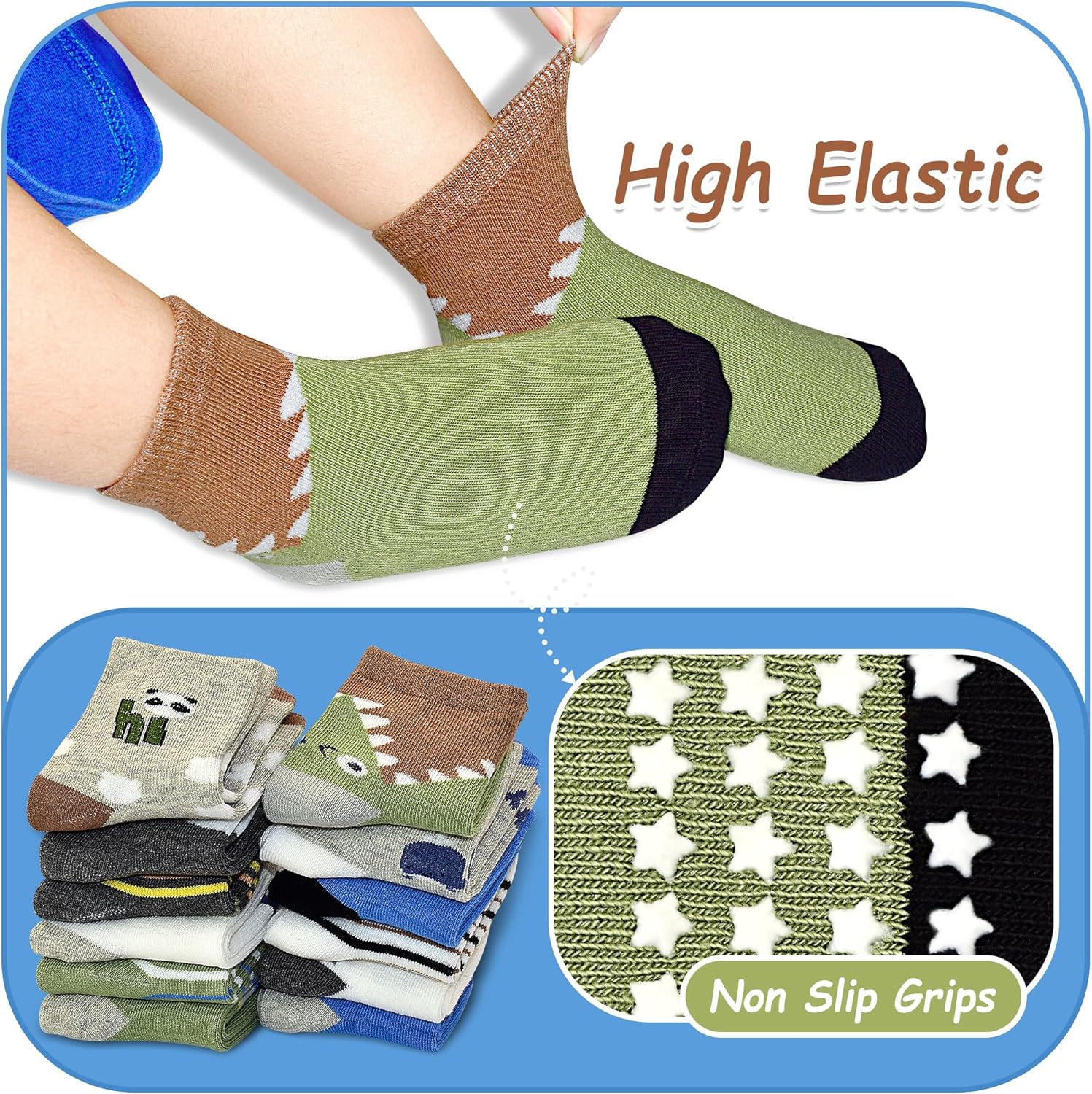 Non Slip Toddler Socks with Grip Boys Girls 12 Pairs Anti Skid Crew Socks Baby Kids Children Cartoon Pattern - Image 2