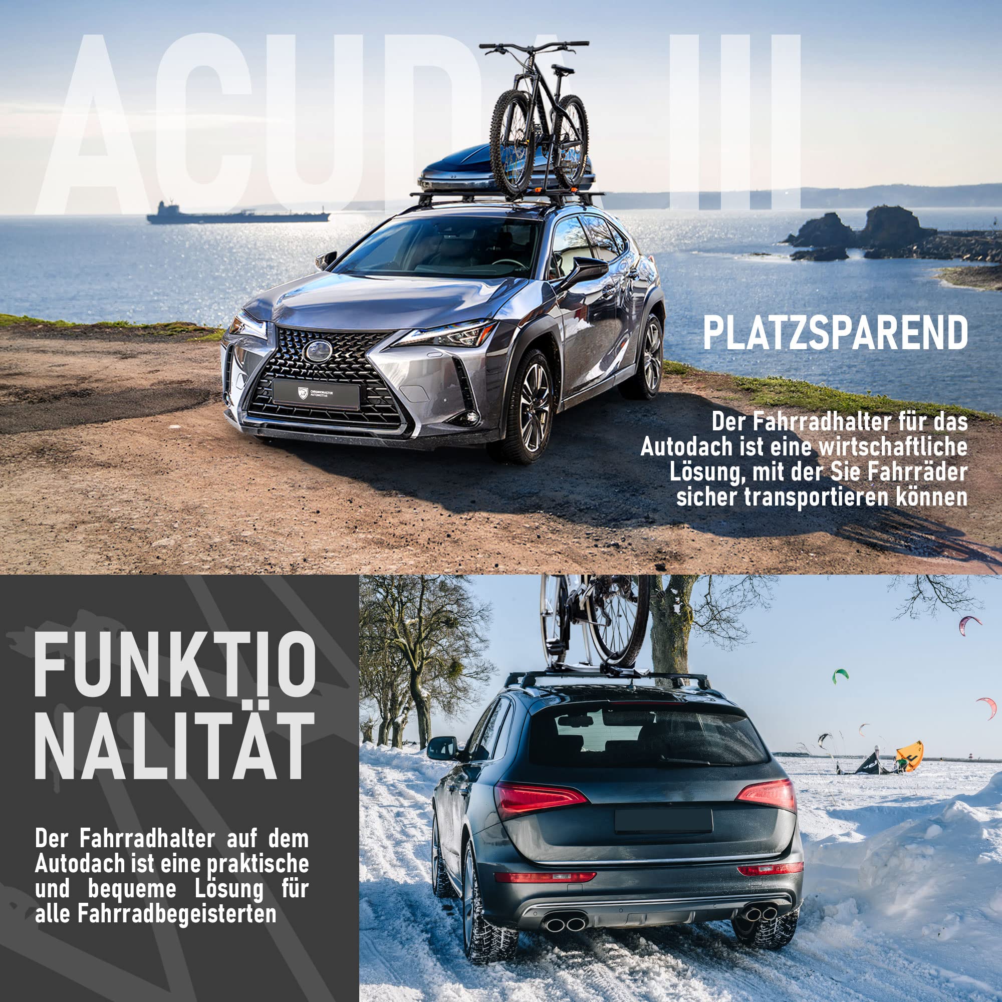 AGURI ACUDA III | Fahrradträger, Fahrrad Dachträger, Universeller Fahrradhalter fürs Autodach | Abschließbar | Belastbarkeit bis 20 kg | Leichte und robuste Konstruktion aus Aluminium | TÜV