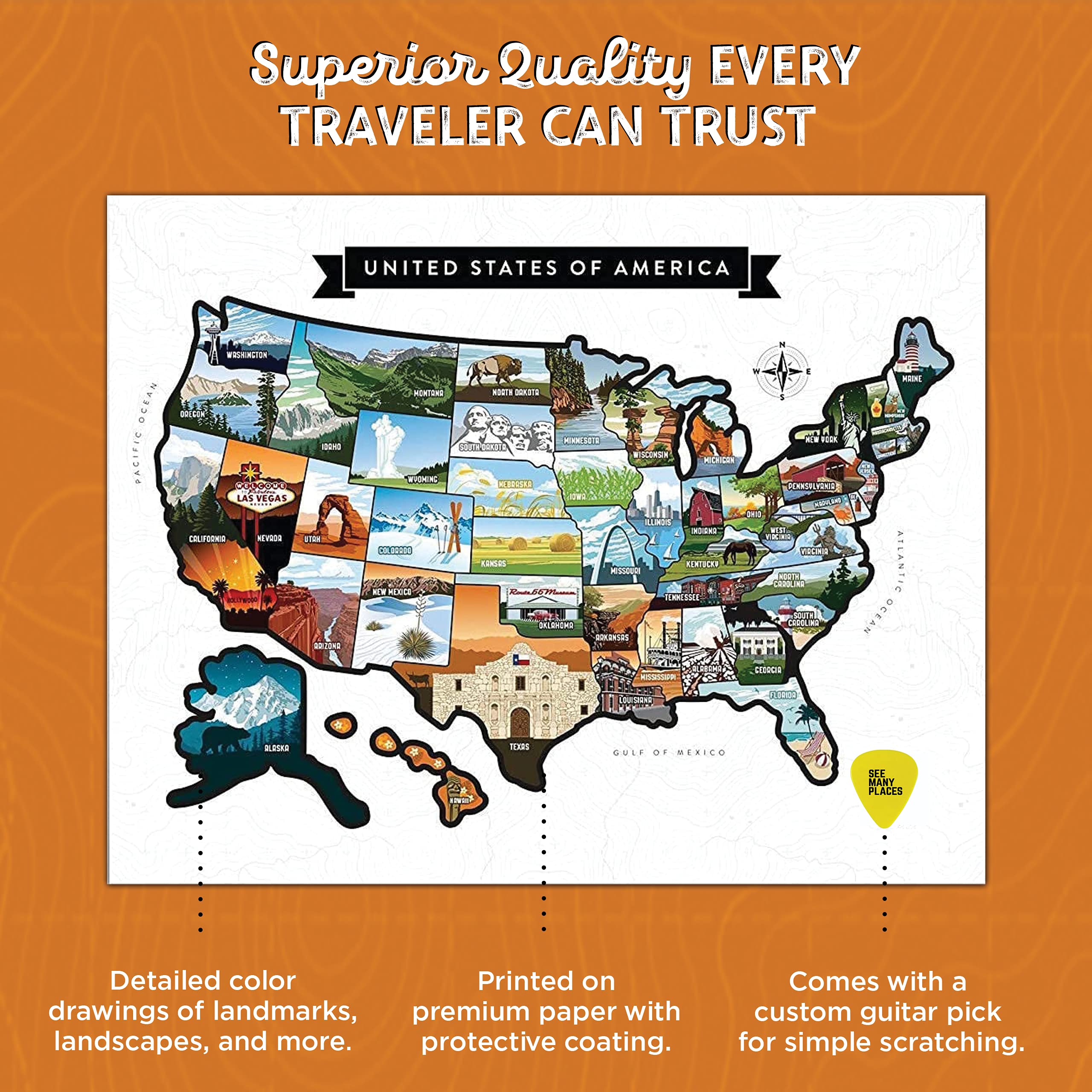 See Many Places Scratch Off Map of The United States, 28x22" Framable