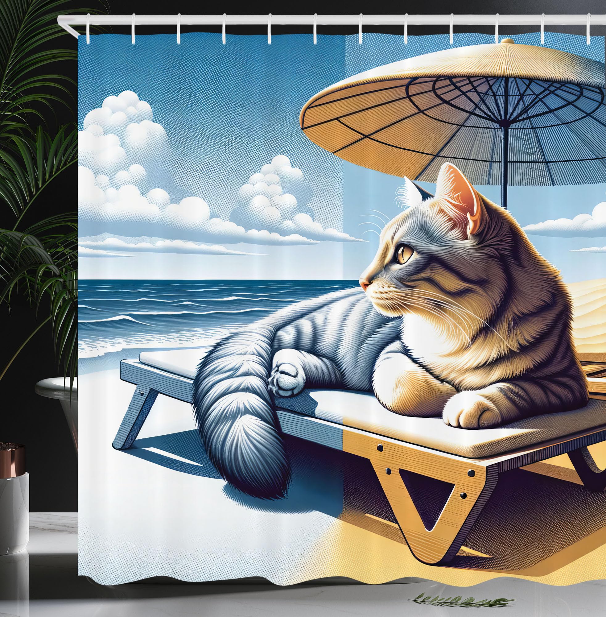 ABAKUHAUS Cat Shower Curtain, Sunbathing Kitten Seaside Shore, Cloth Fabric Bathroom Decor Set with Hooks, 175 x 240 cm, Blue Pale Mustard Yellow