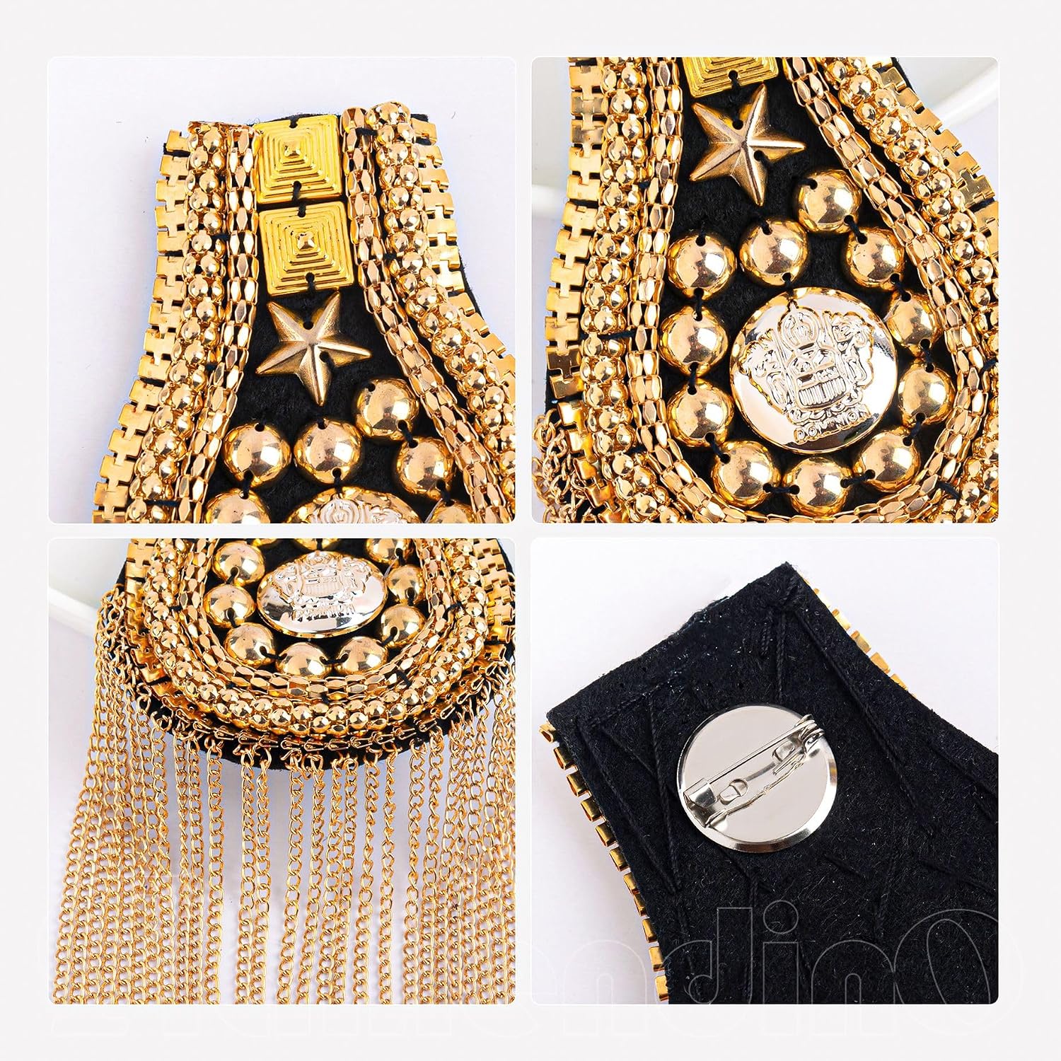 Framendino, 4 Pack Metal Gold Fringe Shoulder Tassel Pads Punk Epaulet with Pins for Uniform Accessories Jacket Suit (Gold)