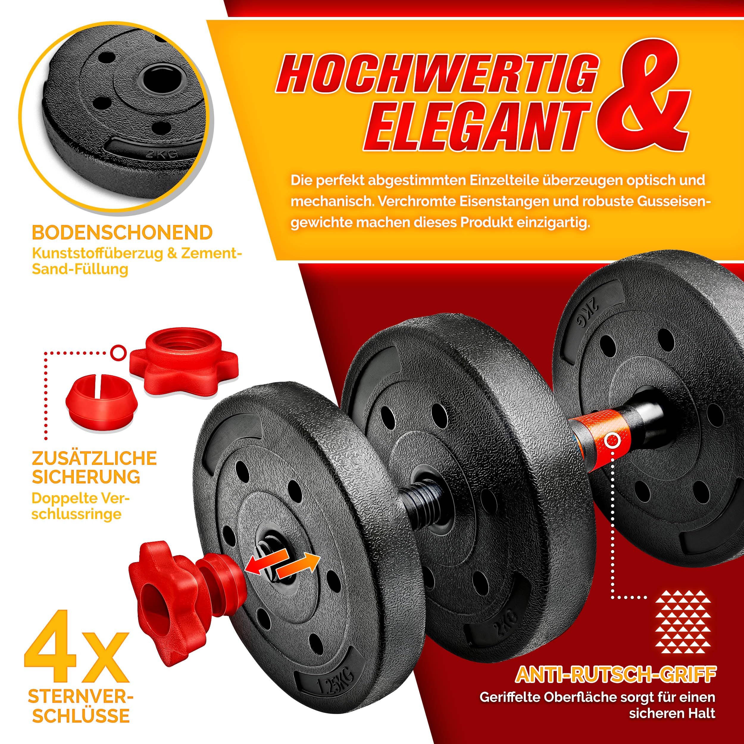 RE:SPORT 2 in 1 Hanteln Set 15-30kg | Hantelset verstellbar | Kurzhantel & Langhantel | Sternverschlüsse & Verbindungsrohr