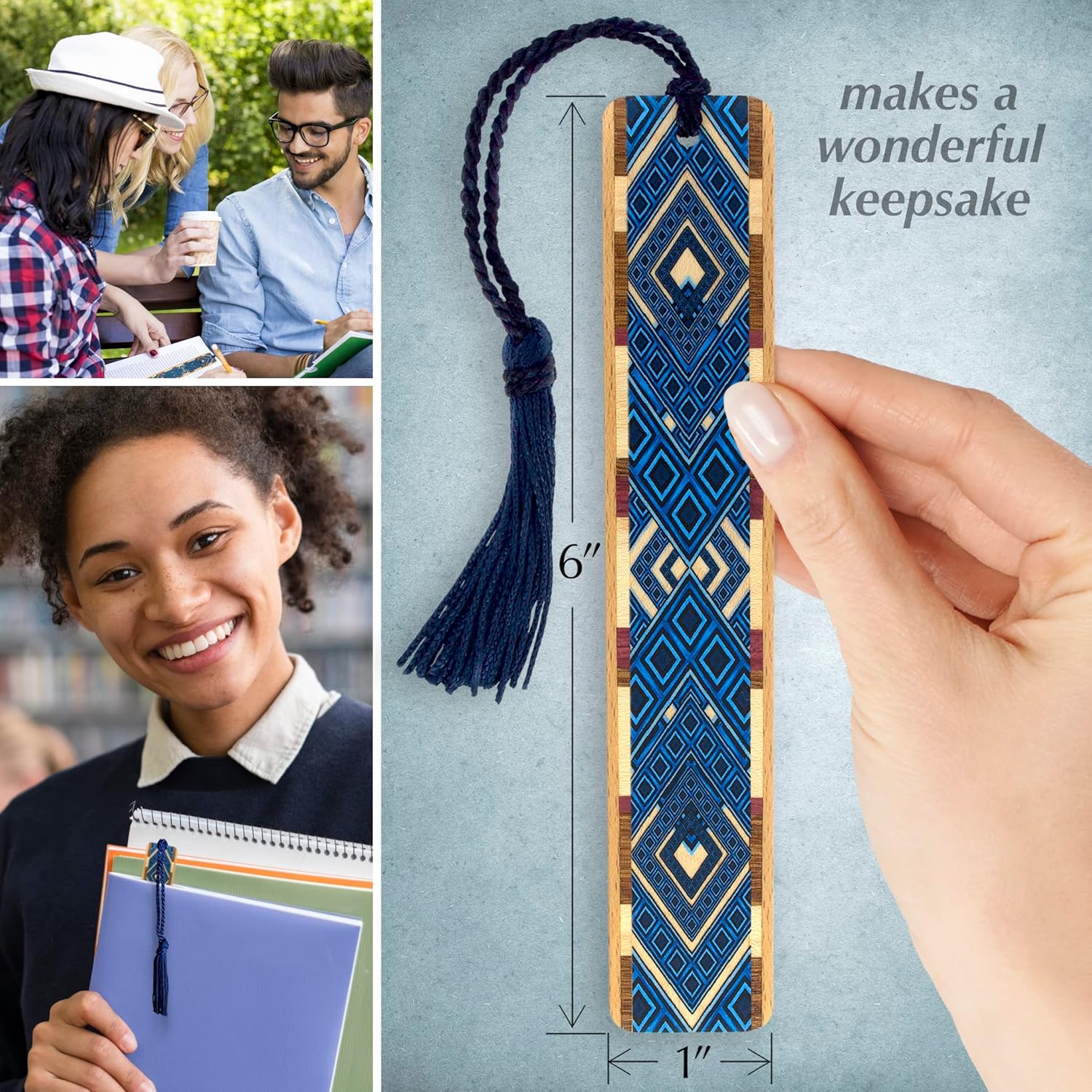Blue Argyle Personalized Wooden Bookmark | Geometric Diamond Pattern Design | Handmade Wood Bookmark with Blue Collegiate-Style Chainette Tassel | Made in the USA
