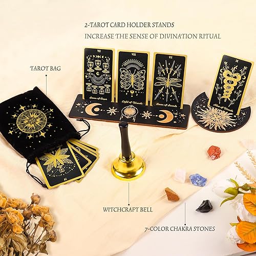 Miniatura 2 de 78 cartas de tarot con guía  Juego de regalo de tarot negro con tela de tarot y soporte, piedras de chakra y más, cartas de tarot, juego de