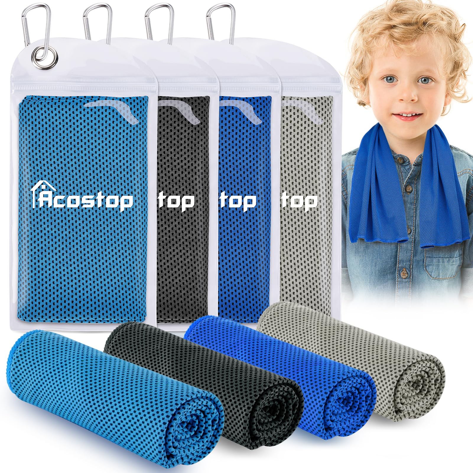 Acostop 4 Pack 9"x30" Breathable Soft Kids Cooling Towels for Hot Weather