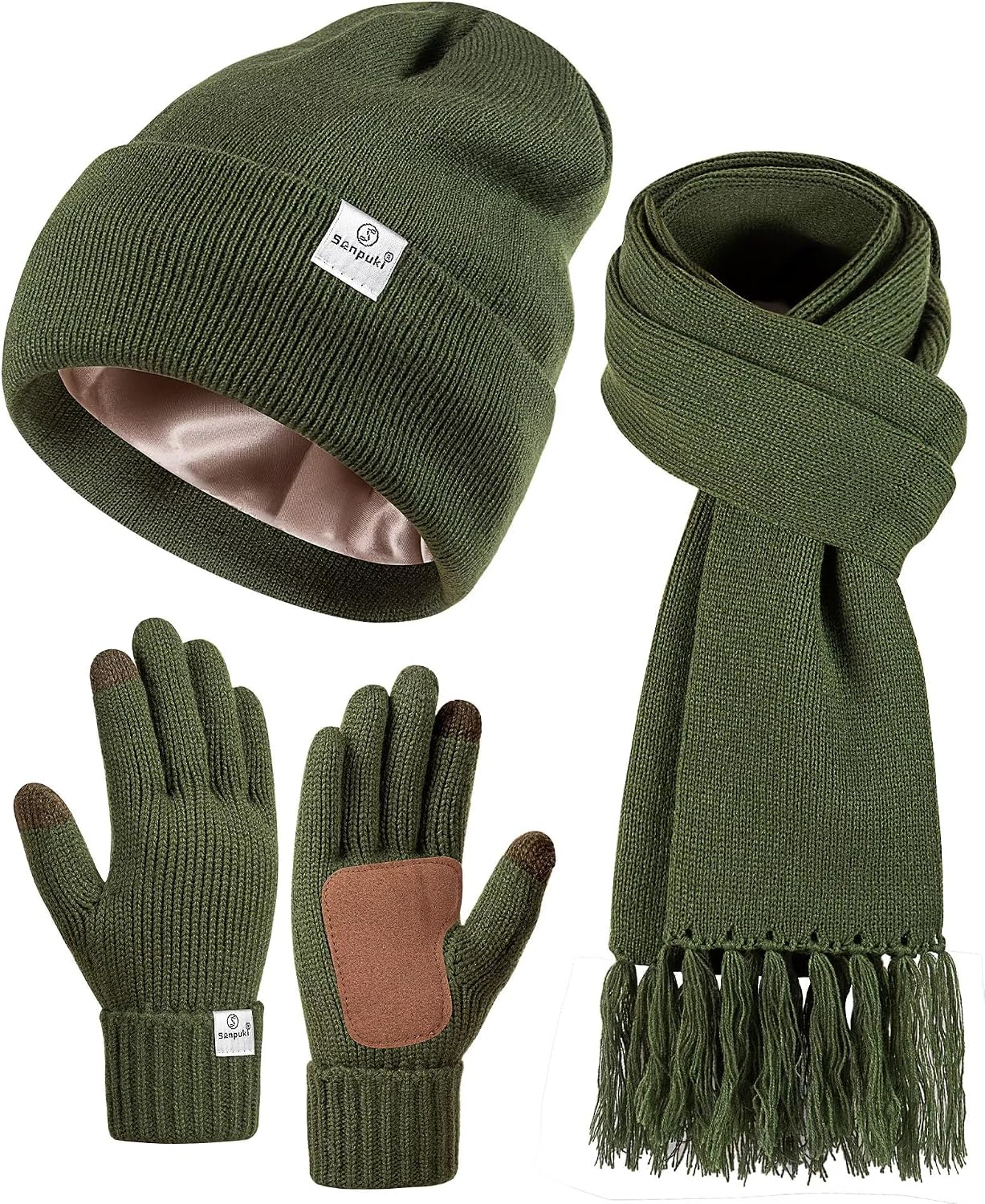 Womens Satin Lined Beanie Scarf Gloves Set, Silk Lined Winter Hats Knit Scarf Gloves, Gift Set Stocking Stuffers for Women