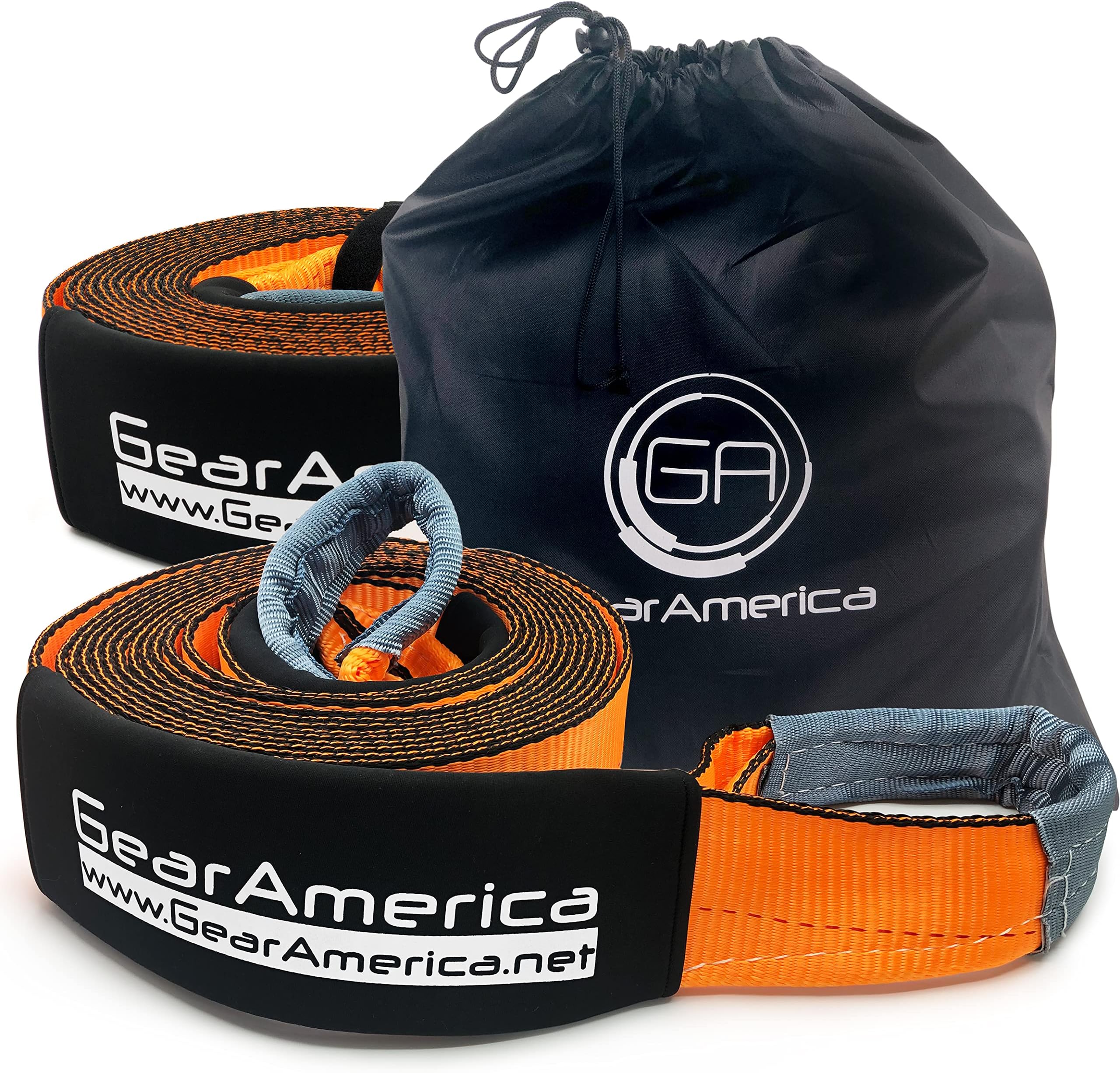 GearAmerica Recovery 2PK Tow Straps 4" x 30' | Ultra Heavy Duty 45000 lbs (22T) Strength | Triple Reinforced Loops + Protective Sleeves | Emergency Towing | Storage Bag + Tie