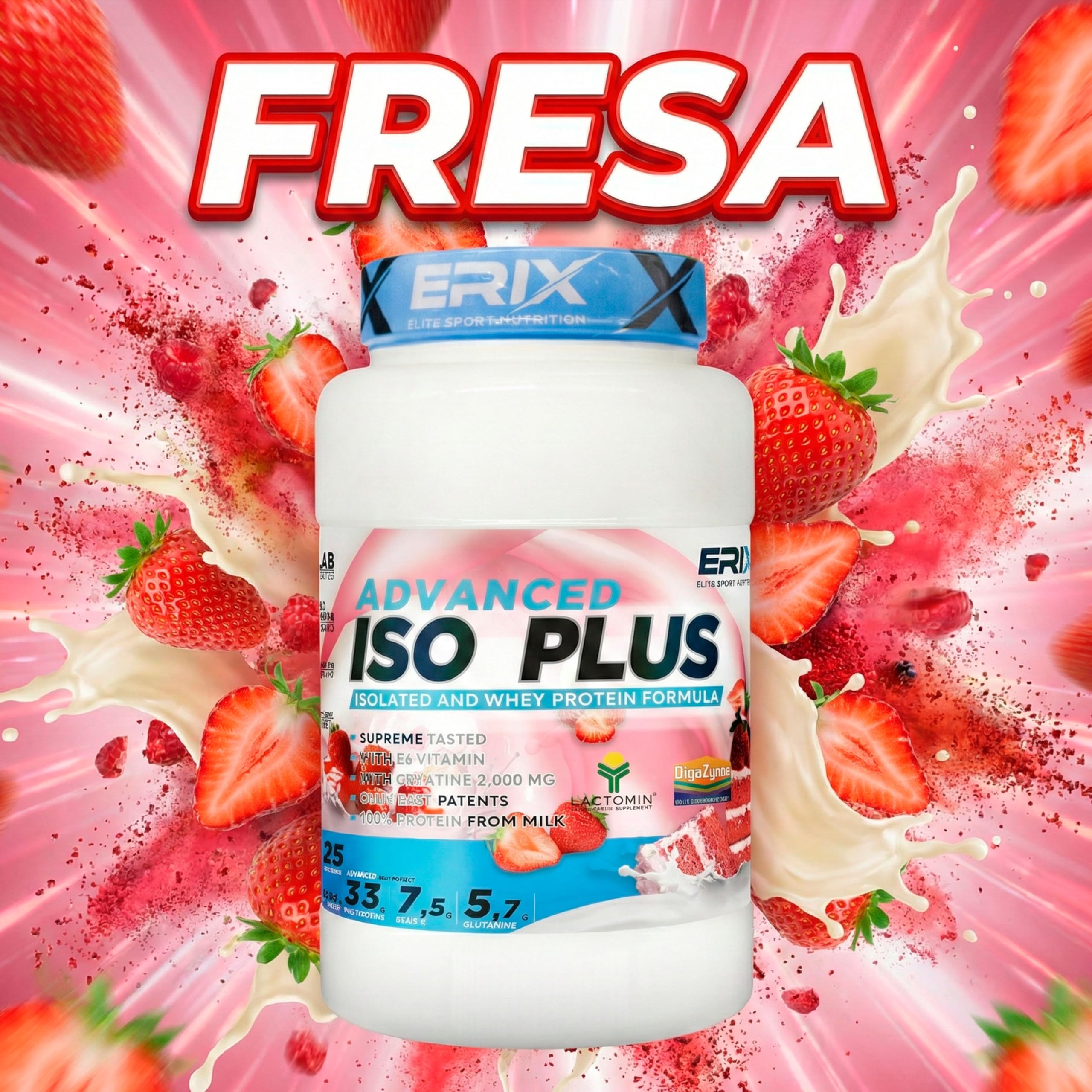 ERIX Nutrición Pack ISO Advanced Plus 1kg+ Creatina Monohidrato 500g+ Shaker Blanco, Proteína Aislada Isolate para Recuperación y Crecimiento Muscular, Musculación (Fresa)