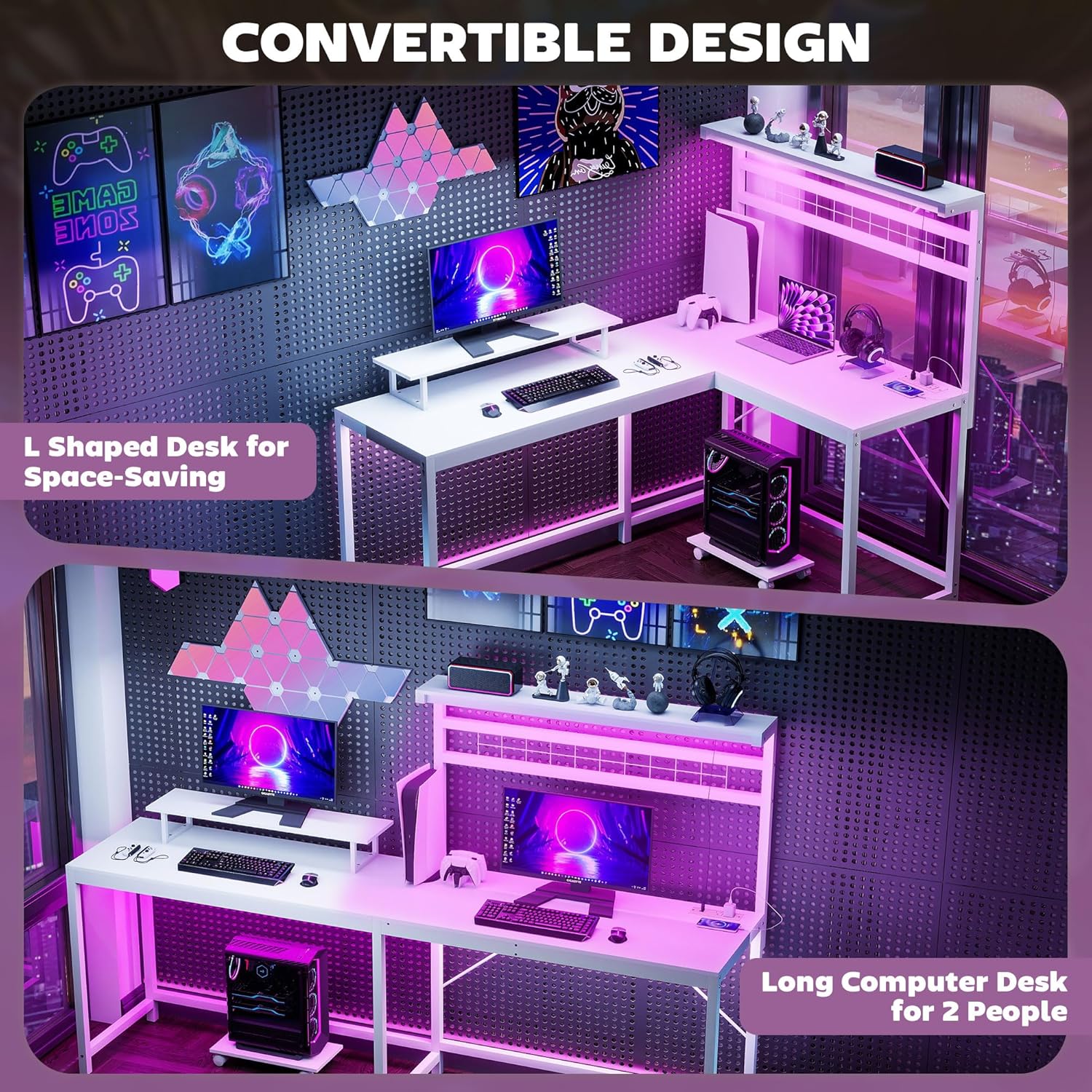 HOMCOM Gaming Desk, 62" L Shaped Desk with Power Outlets & LED Lights, 86" 2 Person Computer Table with Shelf & Rolling CPU Stand, Reversible Corner Office Table with Hutch, White