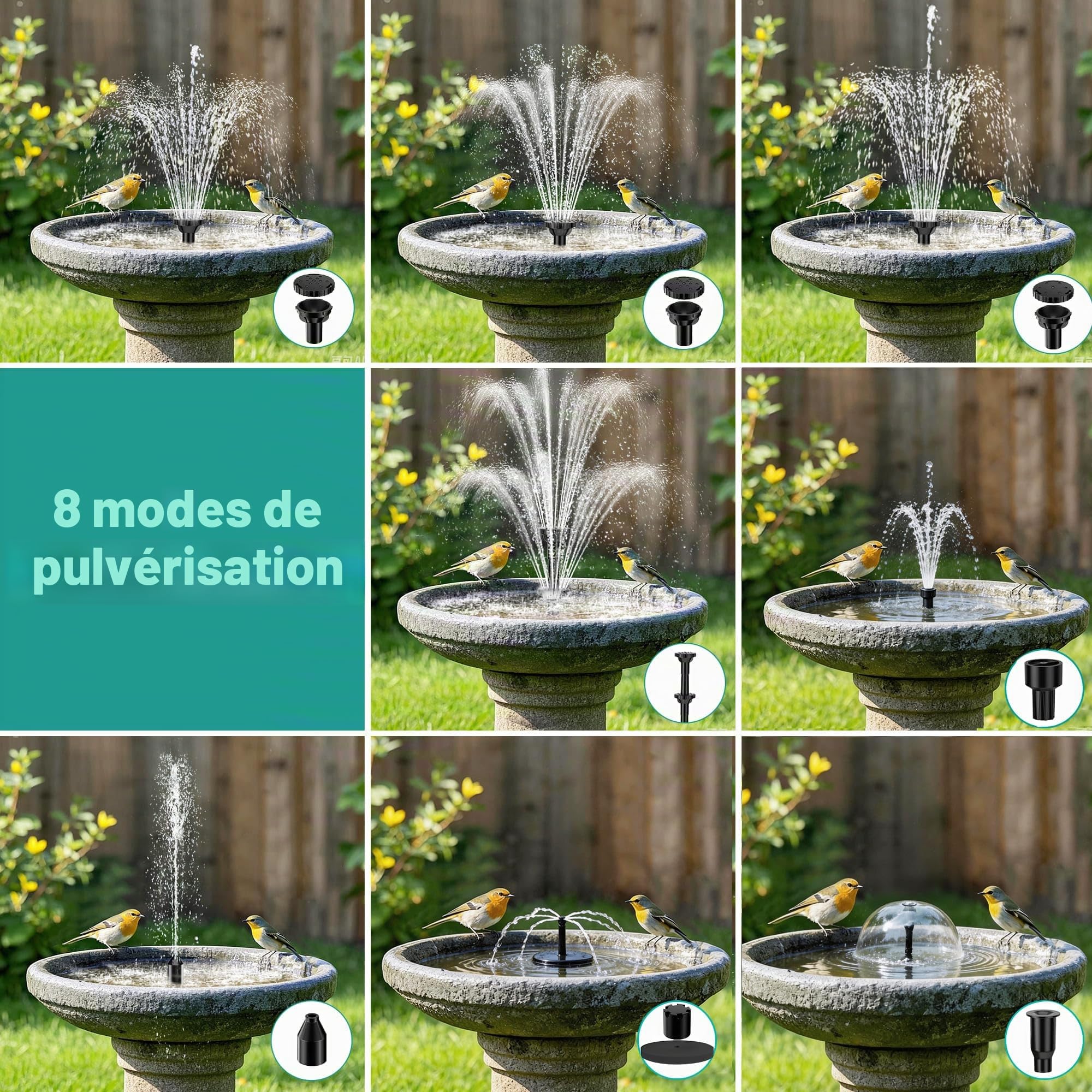 Biling Pompe Solaire de Bassin avec Batterie, 8 W, 300 l/h, Silencieuse, avec 8 Buses, Fontaine Solaire Extérieure avec Tuyau d'Écoulement pour Bassin de Jardin, Ventilation jusqu'à 500 l